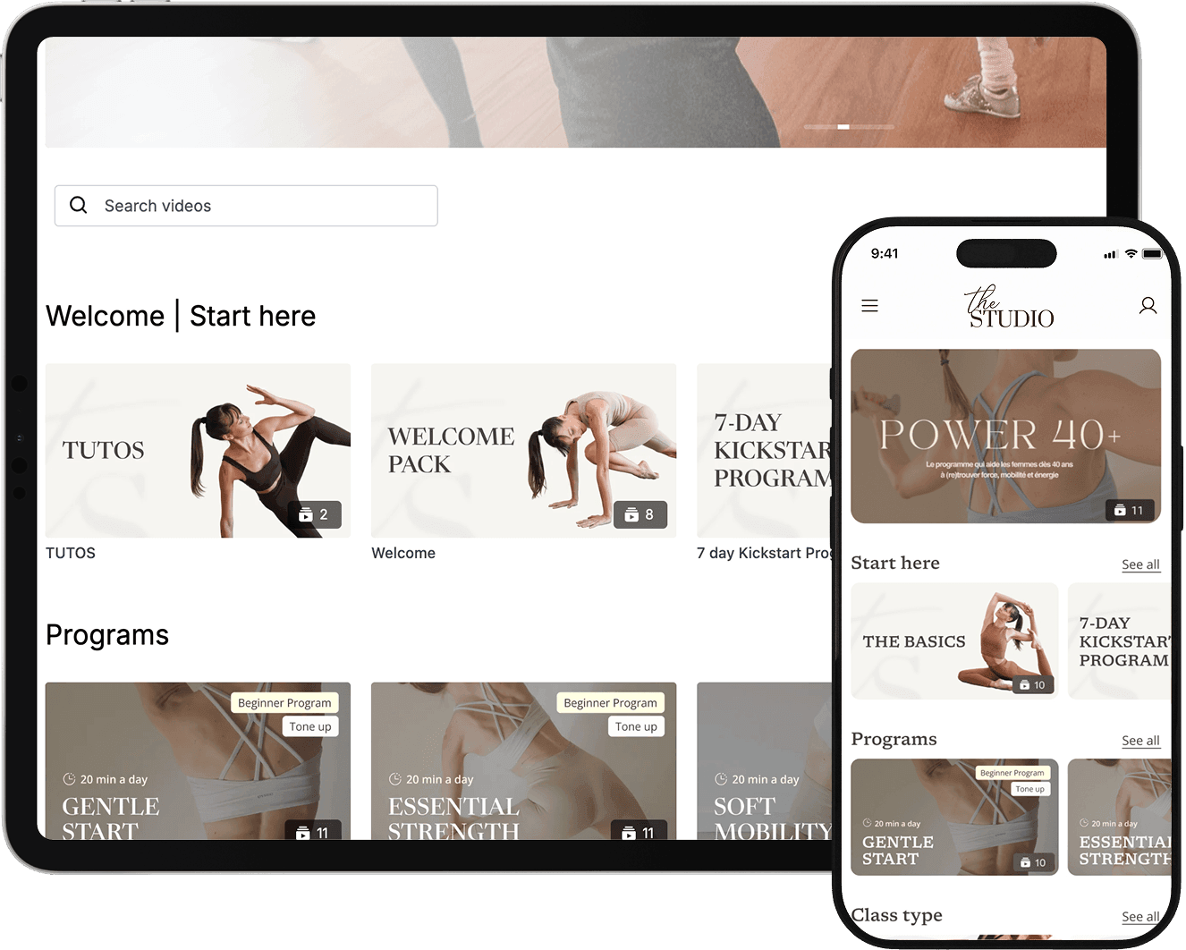 Une tablette et un téléphone affichant le site de Julie avec ses programmes d’entraînement